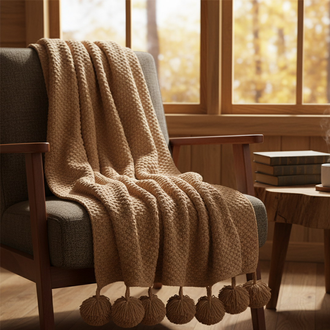 Scandinavian Textured Knitted Blanket - Decorative Pom-Pom Trim - Dense Nordic Seed Knit Accent Throw