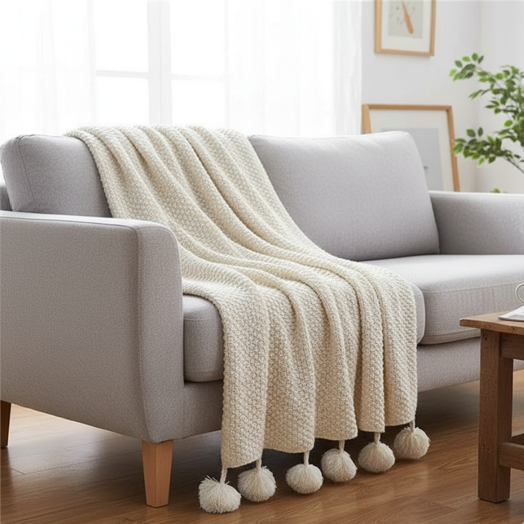 Scandinavian Textured Knitted Blanket - Decorative Pom-Pom Trim - Dense Nordic Seed Knit Accent Throw