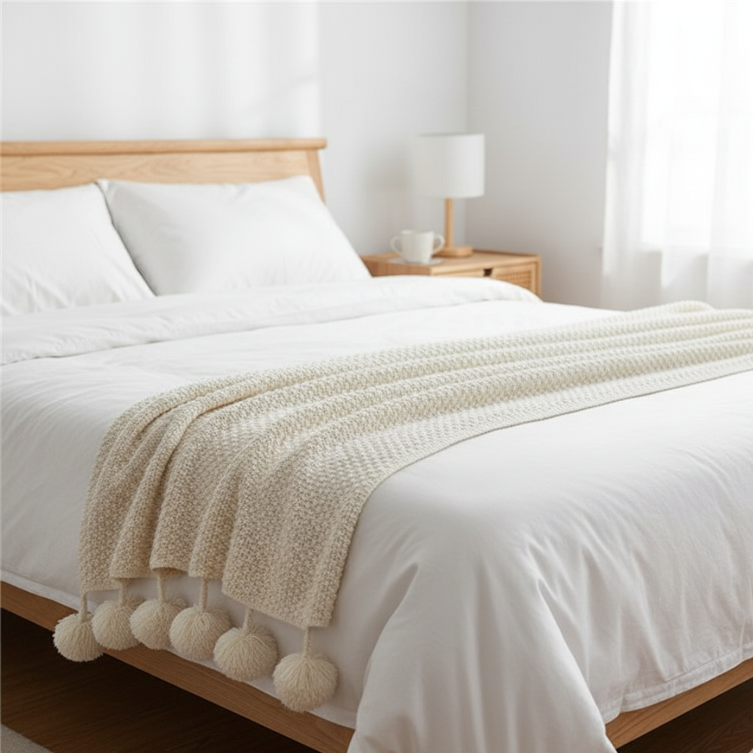 Scandinavian Textured Knitted Blanket - Decorative Pom-Pom Trim - Dense Nordic Seed Knit Accent Throw