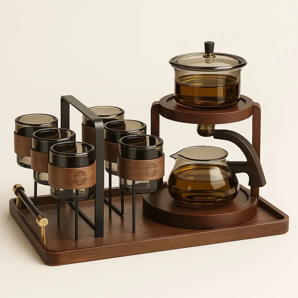 Complete modern tea set gift with dual-level stand, pitcher, and six glass cups