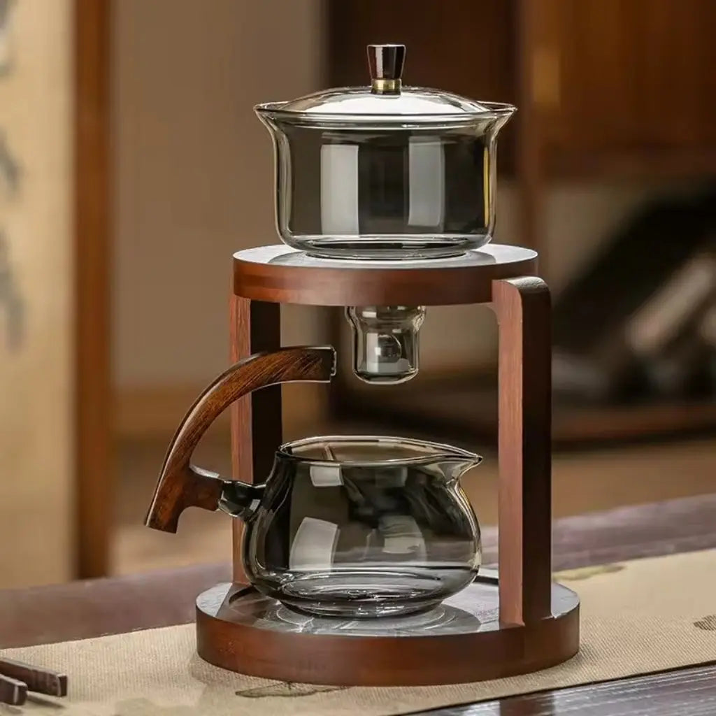 Semi-automatic glass tea set with smoked gray walnut stand and magnetic water diversion