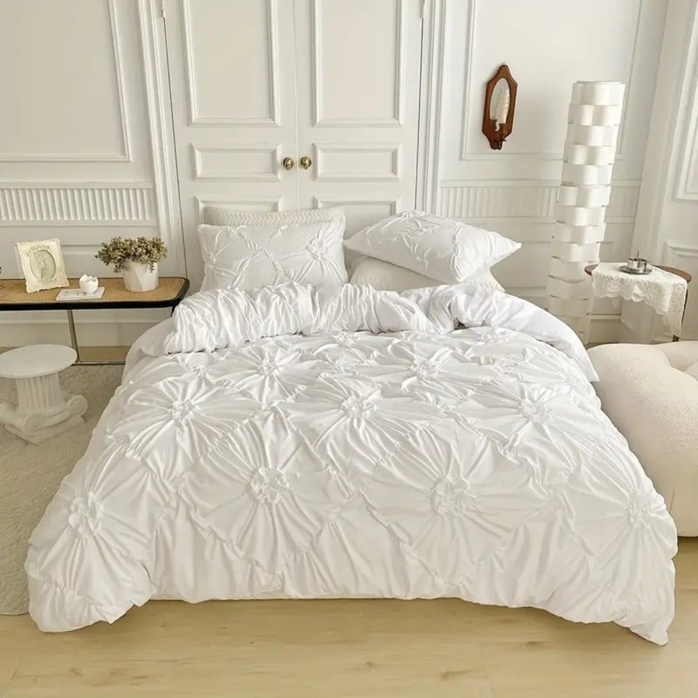 White ruched floral rosette duvet cover set in bright bedroom