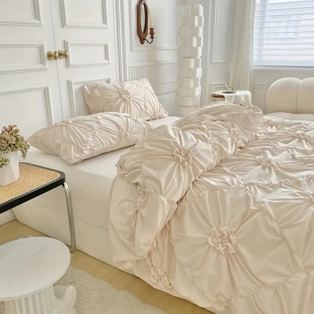 Cream textured flower rosette duvet cover with gold doorknob background