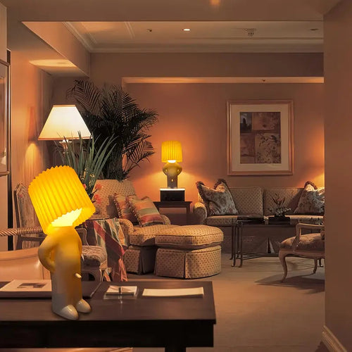 Shy Boy Bedside Night Light | Warm Glow Pleated Lampshade Ceramic Figure Lamp