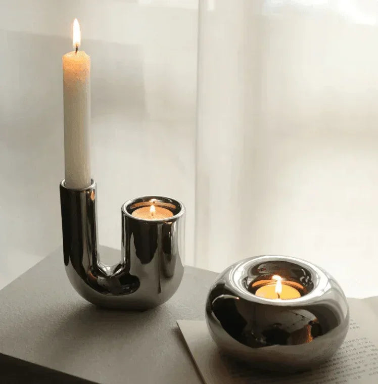 Modern U-shaped dual taper and tealight candle set styled on table