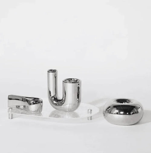 Silver Candle Holder | U-Shaped Dual Taper & Tealight Chrome Metal