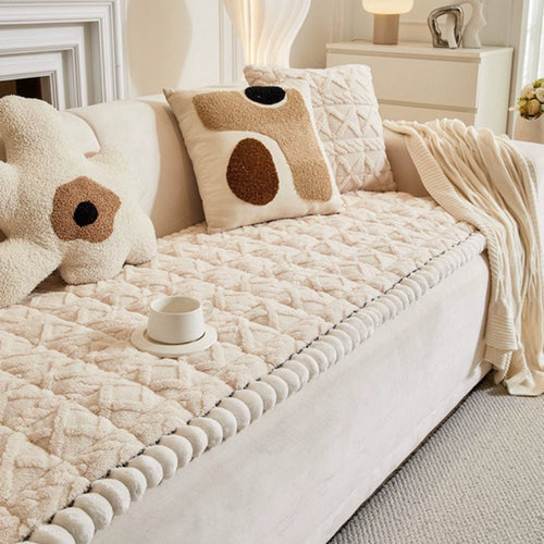 Snuggle Sherpa Plush Sofa Cover – Non-Slip Diamond Quilt Microfiber