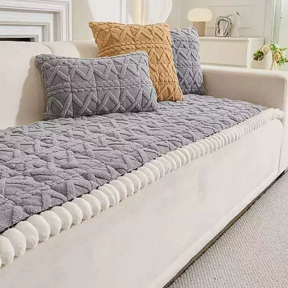 Snuggle Sherpa Plush Sofa Cover – Non-Slip Diamond Quilt Microfiber