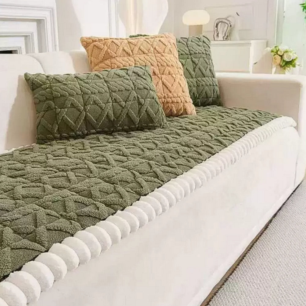 Snuggle Sherpa Plush Sofa Cover – Non-Slip Diamond Quilt Microfiber