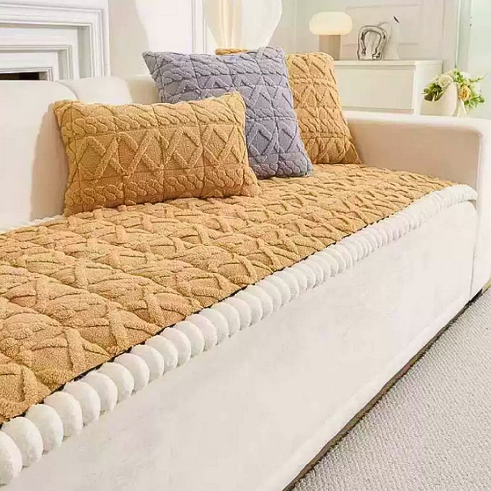 Snuggle Sherpa Plush Sofa Cover – Non-Slip Diamond Quilt Microfiber