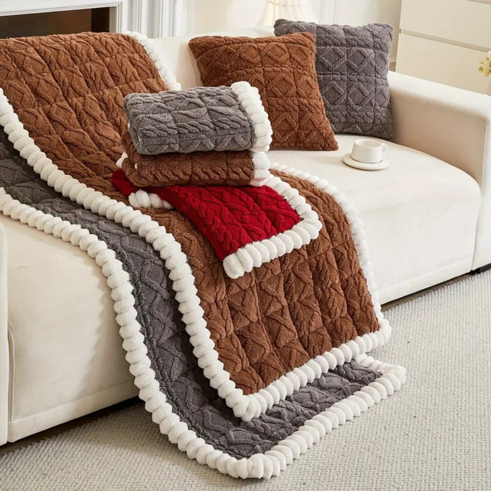Snuggle Sherpa Plush Sofa Cover – Non-Slip Diamond Quilt Microfiber