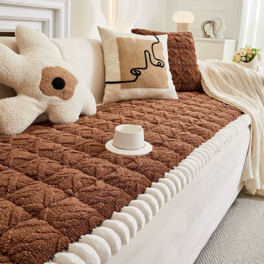 Snuggle Sherpa Plush Sofa Cover – Non-Slip Diamond Quilt Microfiber
