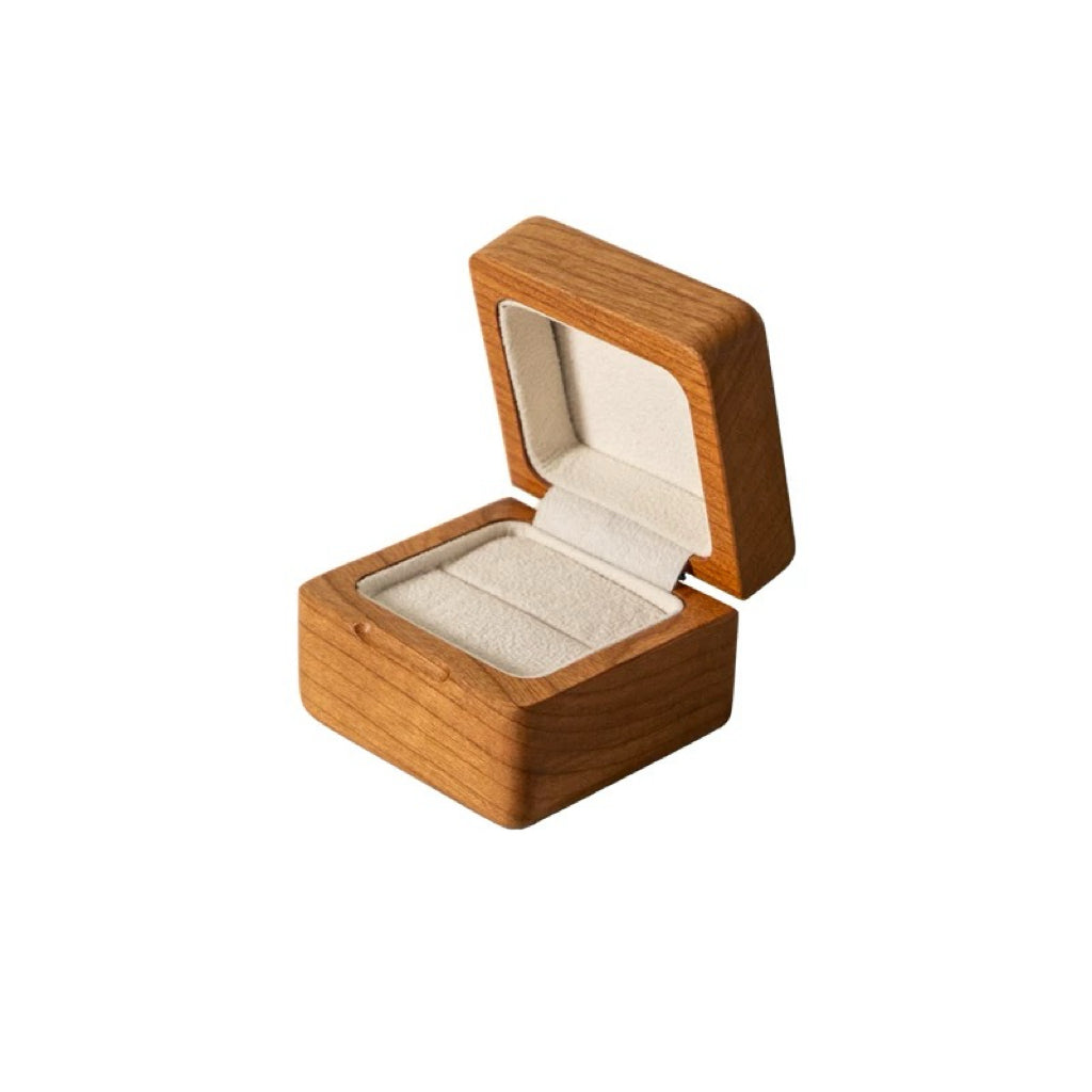 Medium walnut wood ring box with dual cream velvet slots for rings