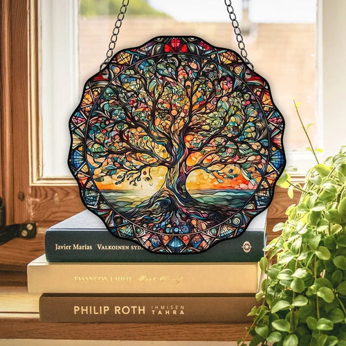 Stained Glass Tree of Life Sign | Round Hanging Window Suncatcher Acrylic Art