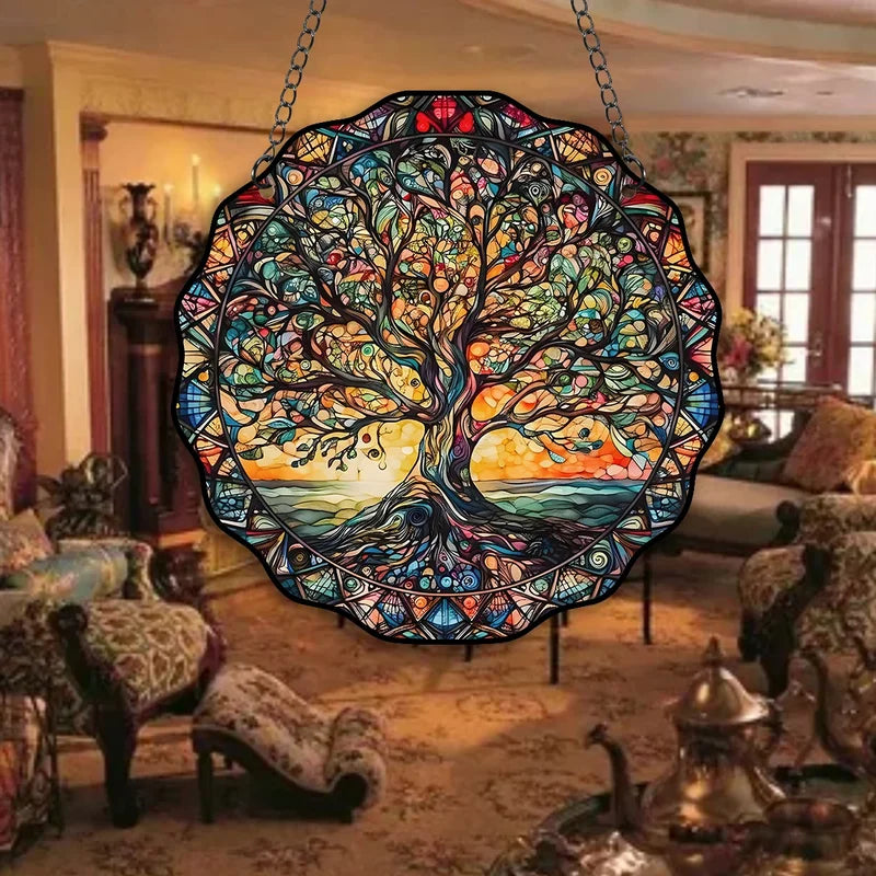 Boho mandala Tree of Life window suncatcher in decorated living room