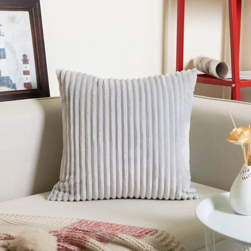 Light gray ribbed corduroy flannel square pillowcase on beige sofa
