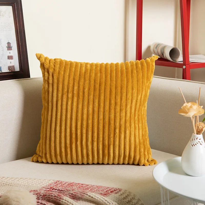 Mustard yellow ribbed flannel square cushion cover with vertical texture