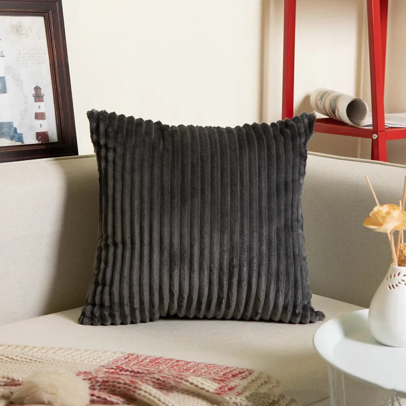 Charcoal ribbed flannel square cushion cover with soft textured finish