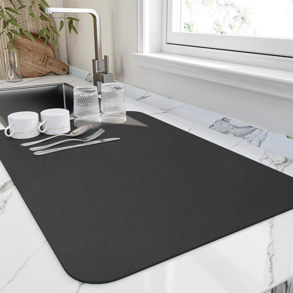 Black waterproof sink drying mat preventing dampness and odors