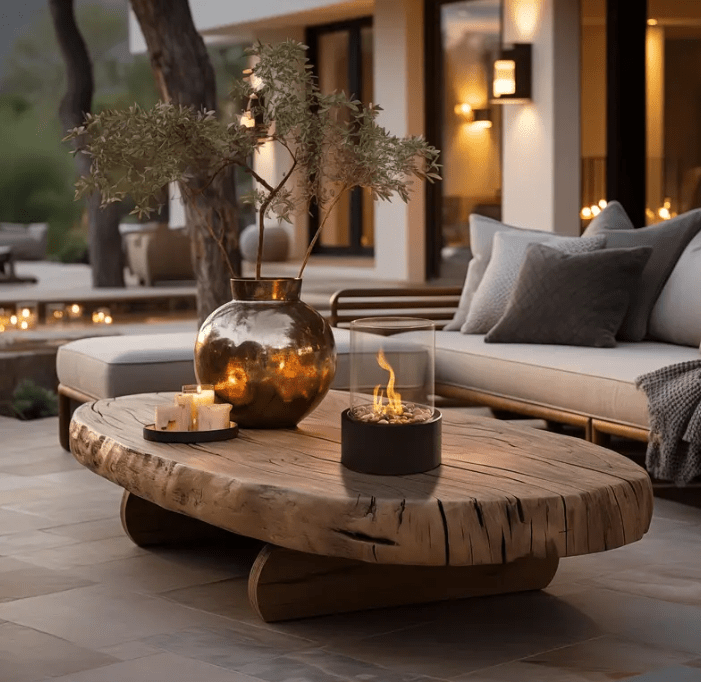 Black portable fire bowl on rustic live-edge wood table outdoors