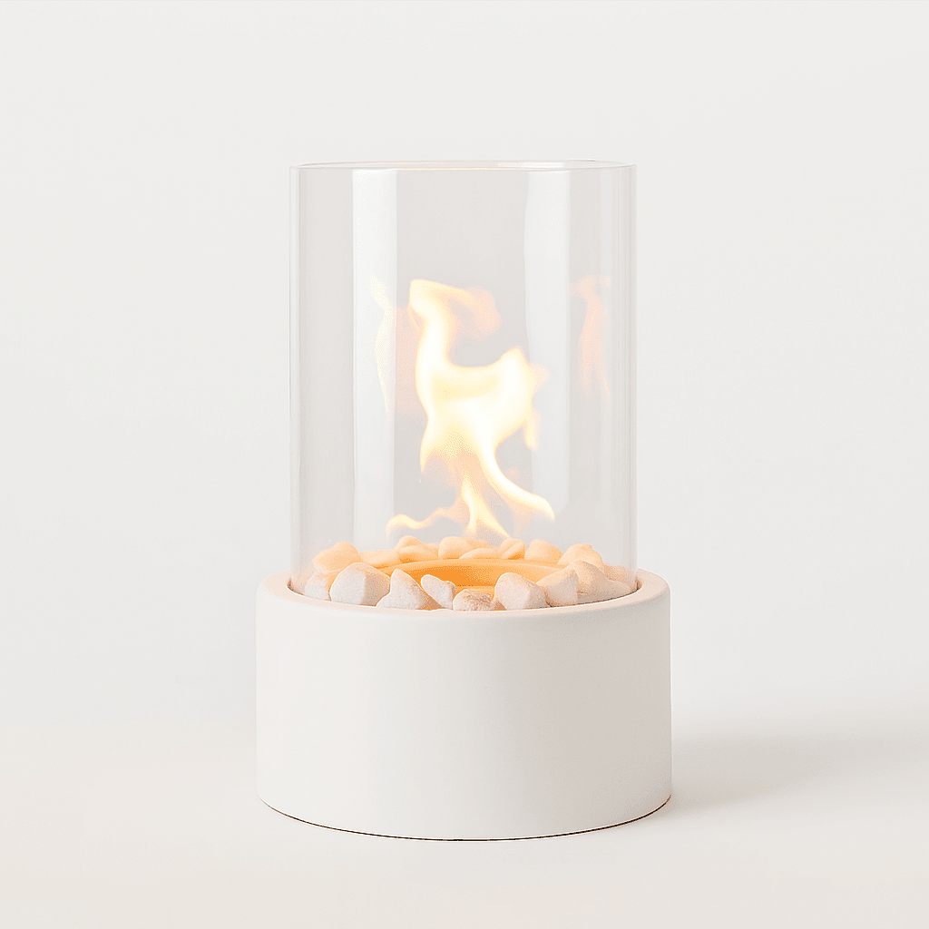 White textured concrete mini fire pit with glass shield and stones