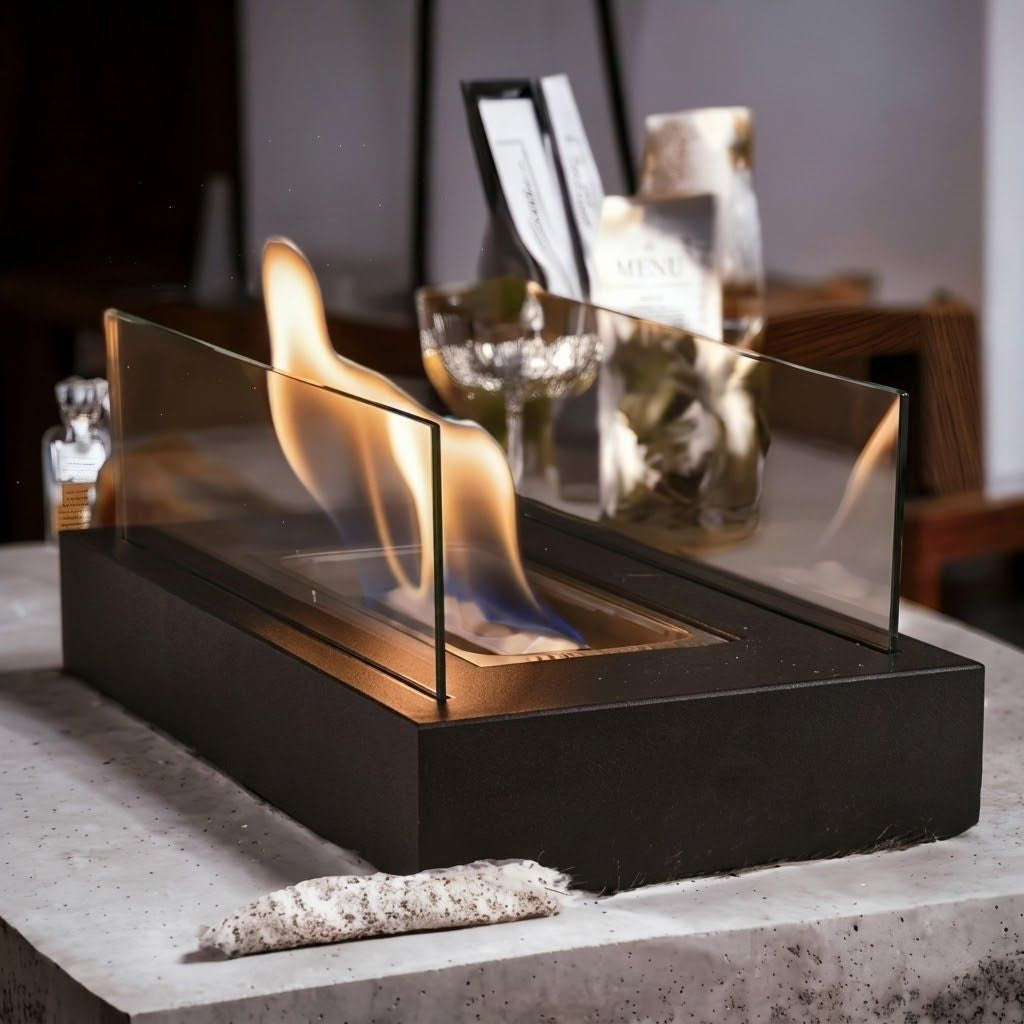 Close-up of blue and orange flame in modern ethanol burner on concrete surface