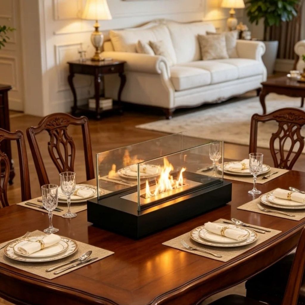 Indoor bioethanol fireplace on dining table creating warm ambiance for dinner parties
