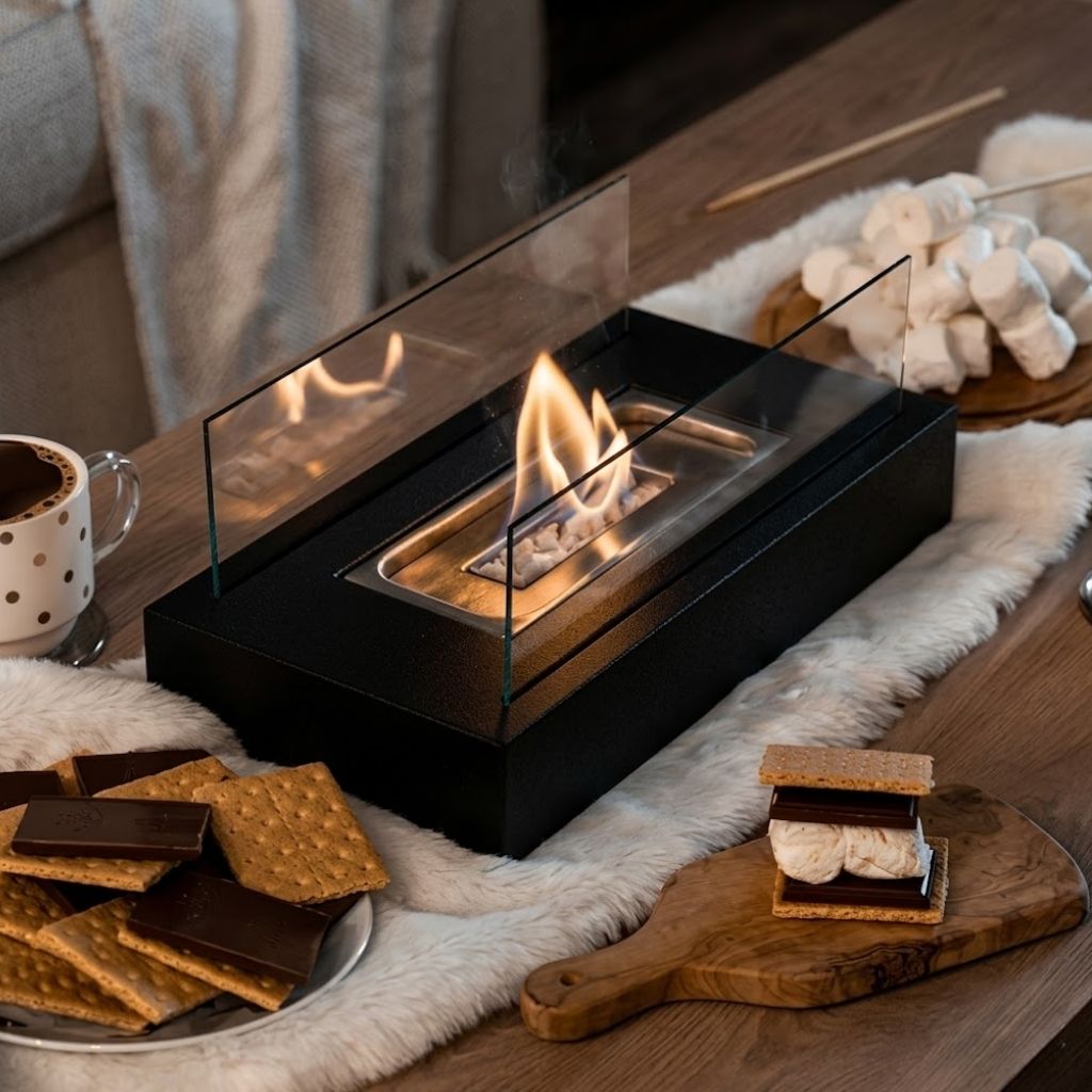 Tabletop fireplace used for roasting s'mores with marshmallows and chocolate