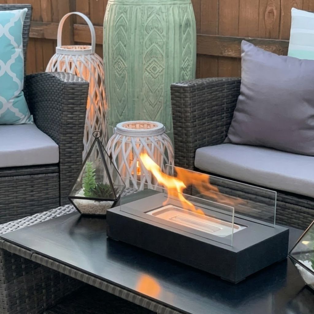 Portable outdoor fire pit on wicker patio furniture for evening gatherings