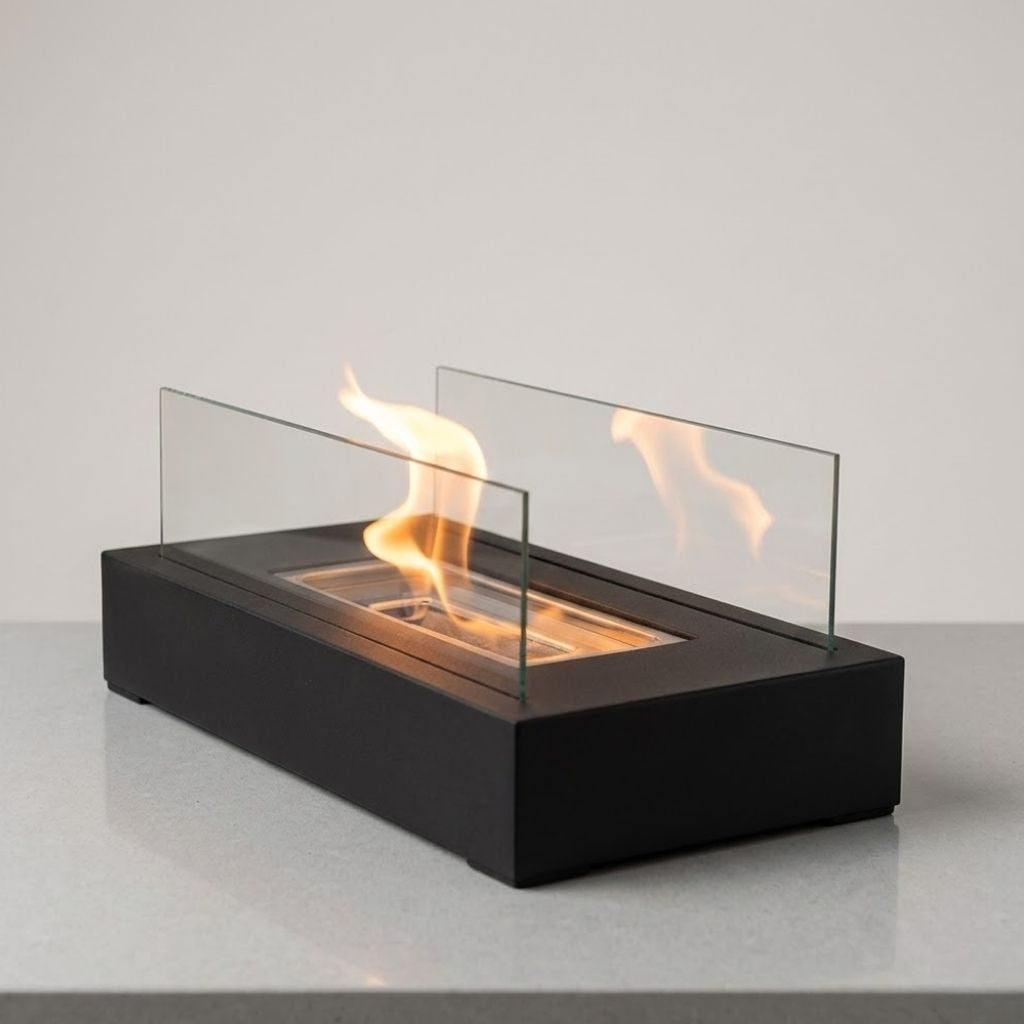Matte black rectangular tabletop fire pit with tempered glass panels and real flame