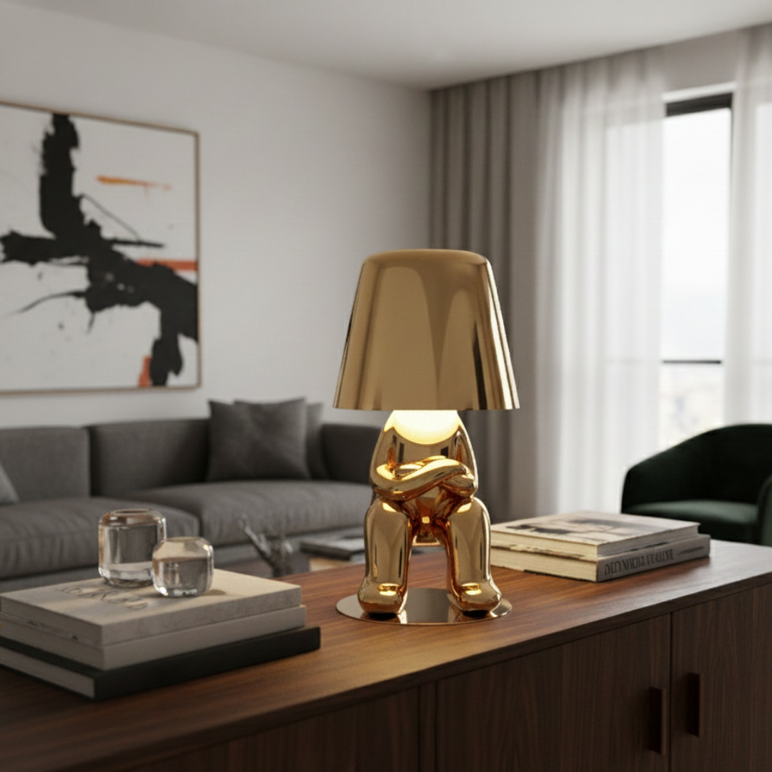 Thinker Brothers Cordless LED Lamp – Sculptural Gold & Chrome Character Art Light