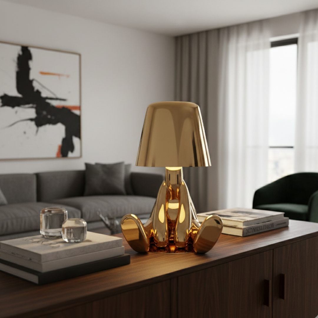 Thinker Brothers Cordless LED Lamp – Sculptural Gold & Chrome Character Art Light