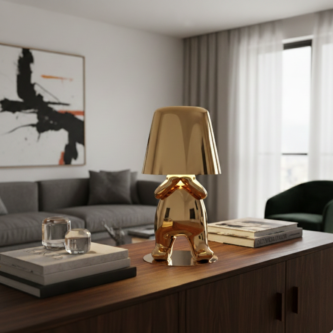 Thinker Brothers Cordless LED Lamp – Sculptural Gold & Chrome Character Art Light