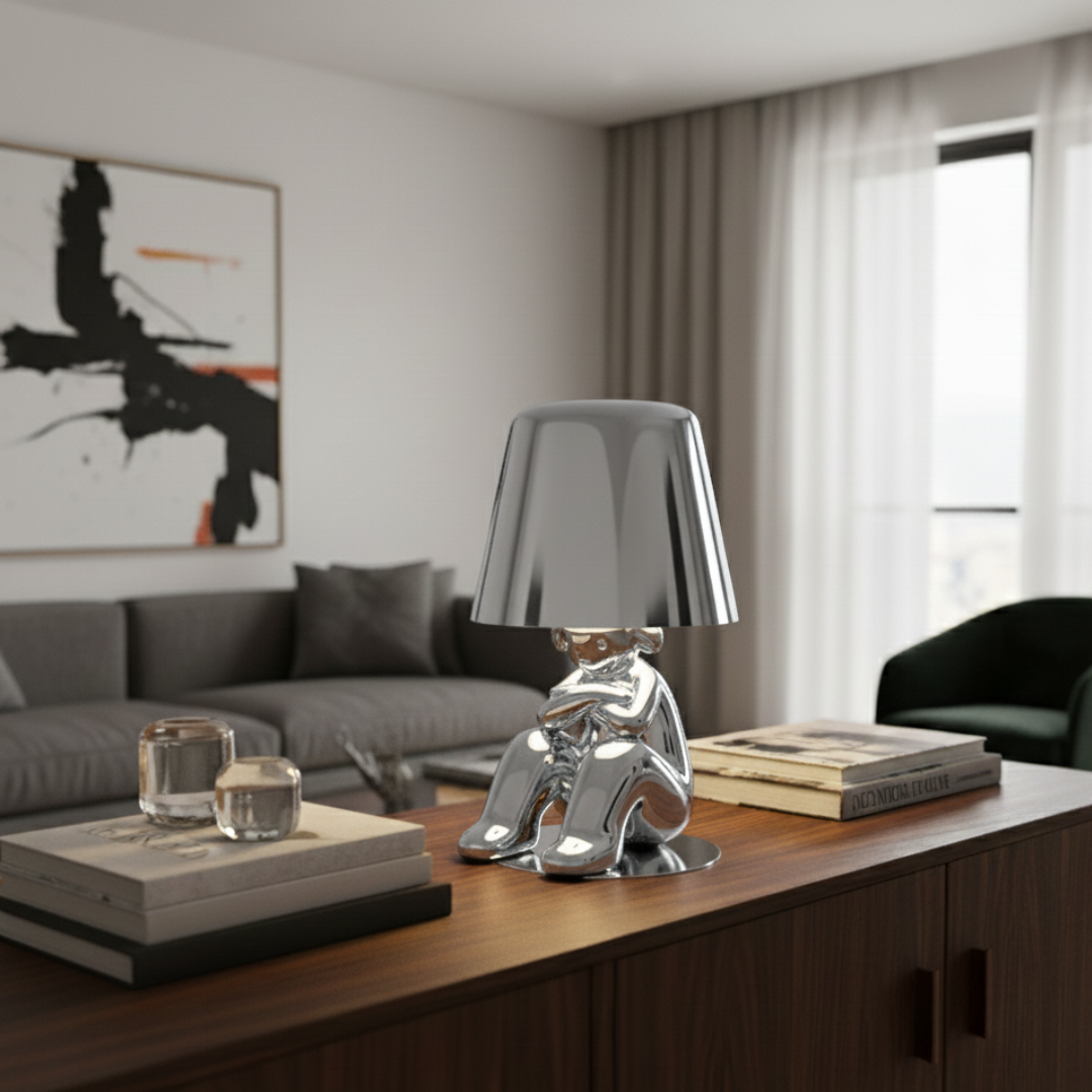 Thinker Brothers Cordless LED Lamp – Sculptural Gold & Chrome Character Art Light