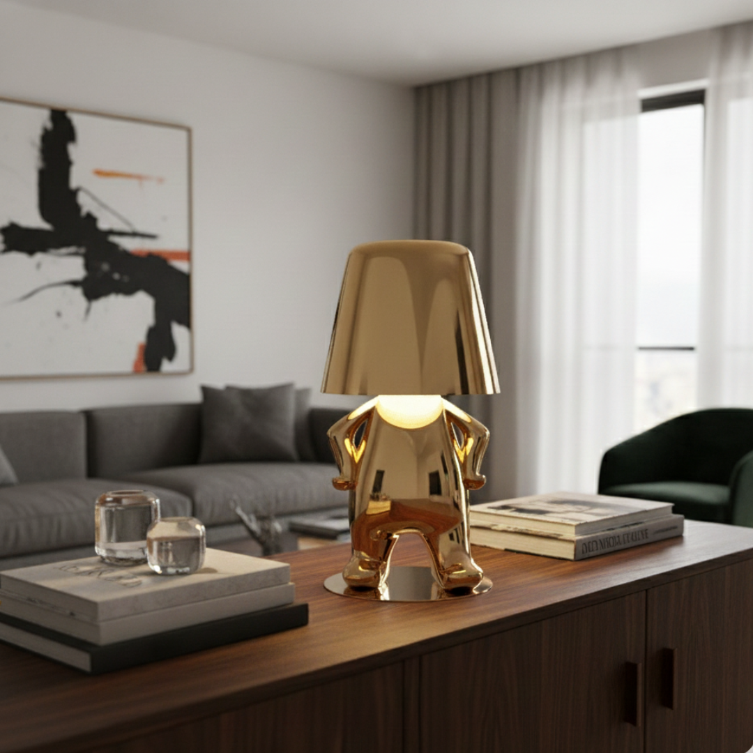 Thinker Brothers Cordless LED Lamp – Sculptural Gold & Chrome Character Art Light