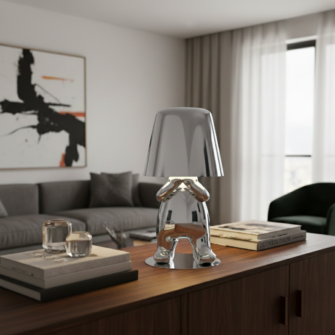 Thinker Brothers Cordless LED Lamp – Sculptural Gold & Chrome Character Art Light
