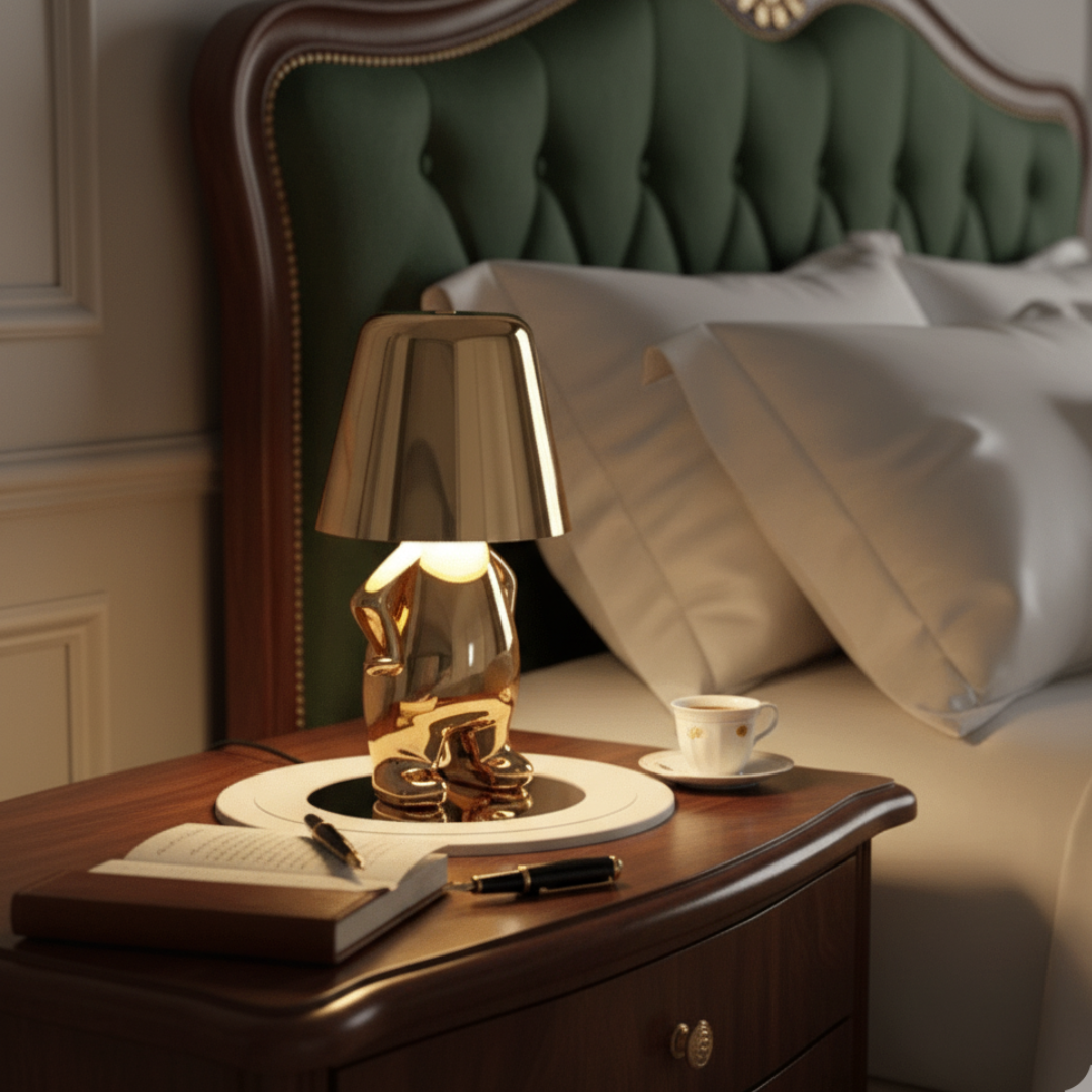 Thinker Brothers Cordless LED Lamp – Sculptural Gold & Chrome Character Art Light