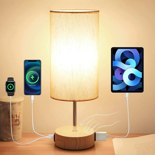 Touch Control Table Lamp | USB Charging Ports Wood Base Fabric Shade