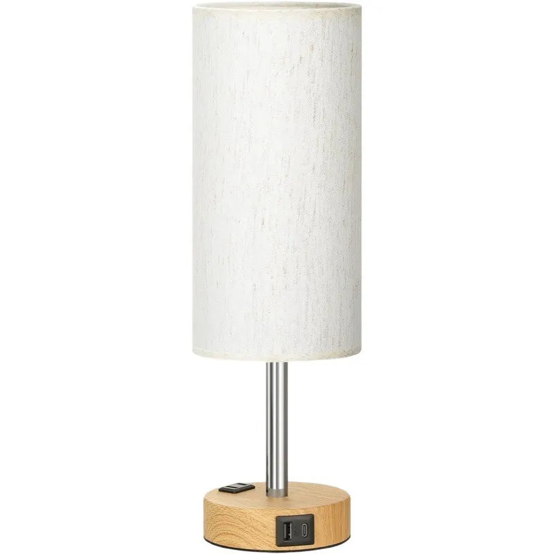 Beige fabric shade table lamp with wood base and USB-C charging ports