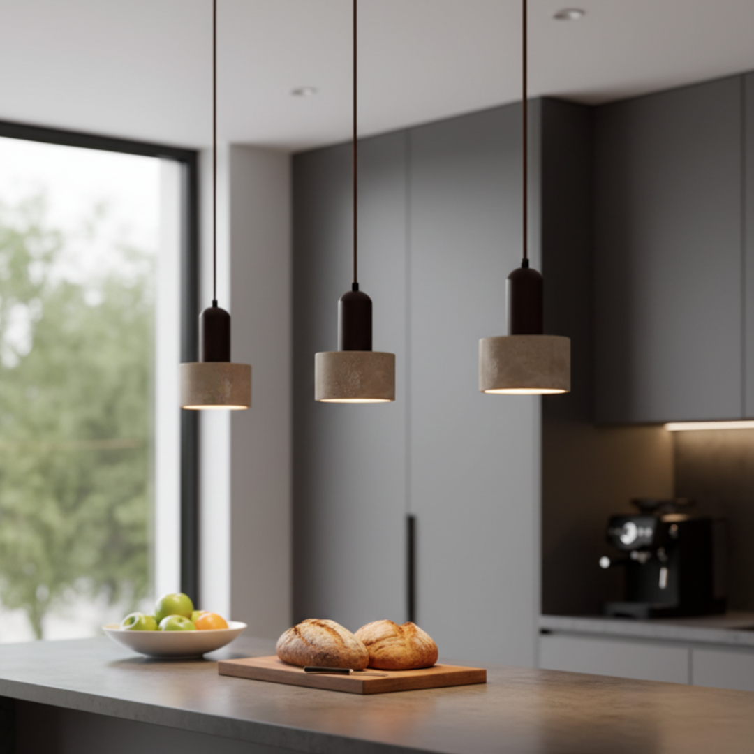 TravertColonna Cylindrical Travertine & Walnut Pendant Light - Japandi LED Ceiling Lamp 1