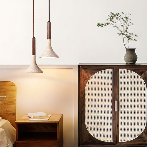 TravertCono Tapered Travertine & Walnut Pendant Light - Japandi Minimalist LED Ceiling Lamp