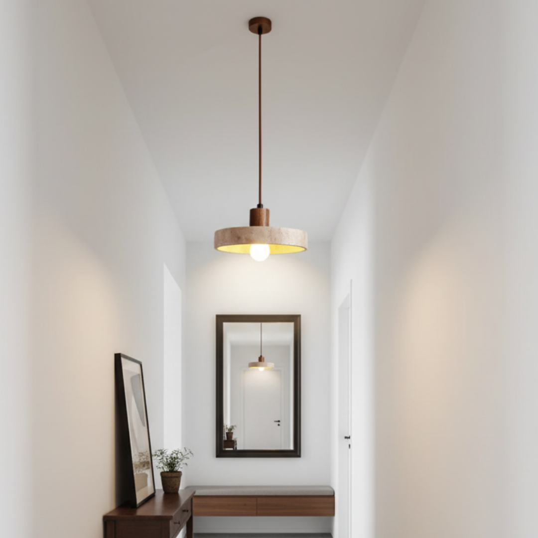 TravertLignum Travertine & Walnut Pendant Light - Japandi Minimalist E27 Ceiling Lamp 0