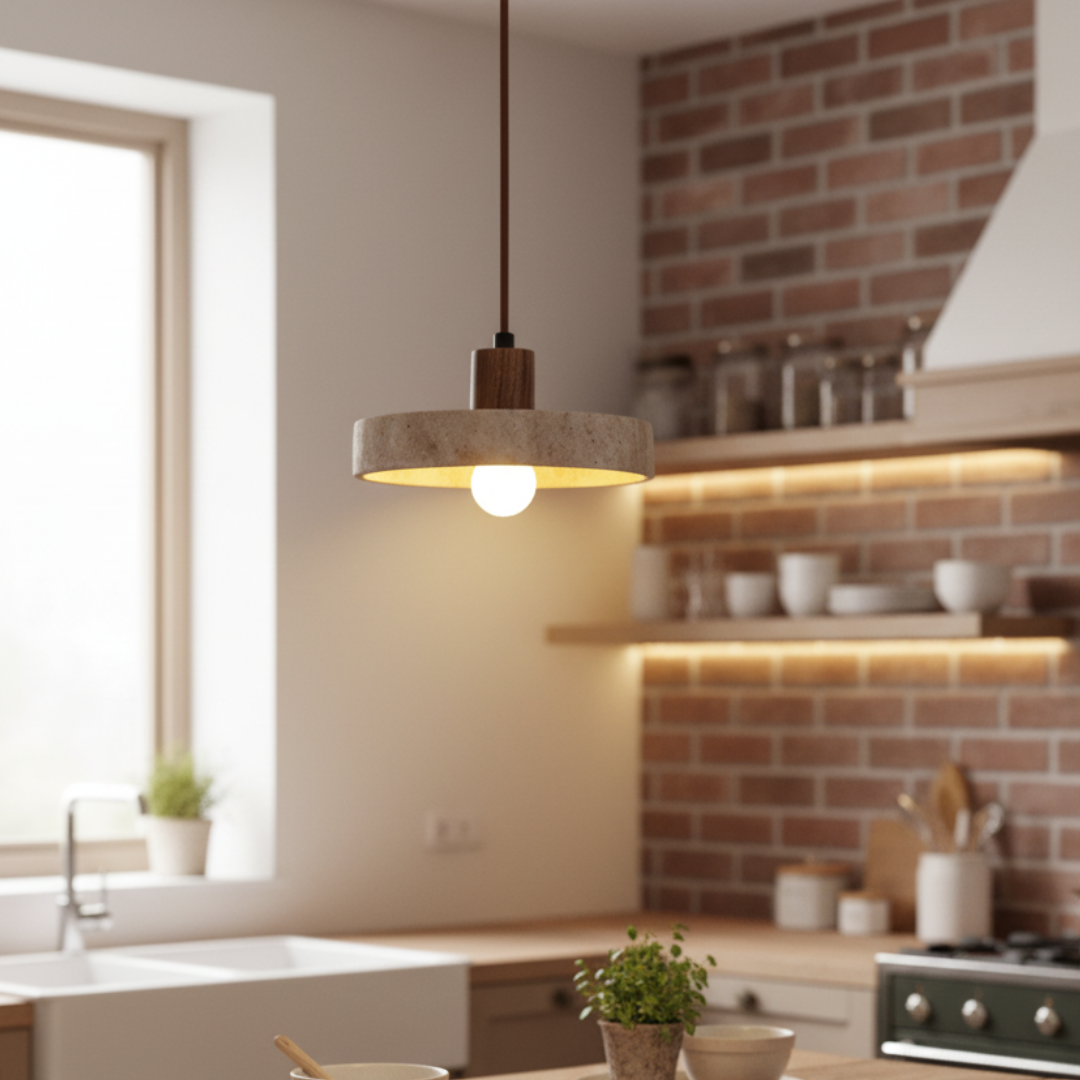 TravertLignum Travertine & Walnut Pendant Light - Japandi Minimalist E27 Ceiling Lamp 1