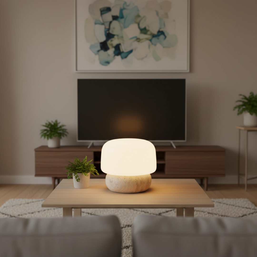 TravertLuna Yellow Travertine Table Lamp - Japandi Opal Glass Dome Desk Light 1
