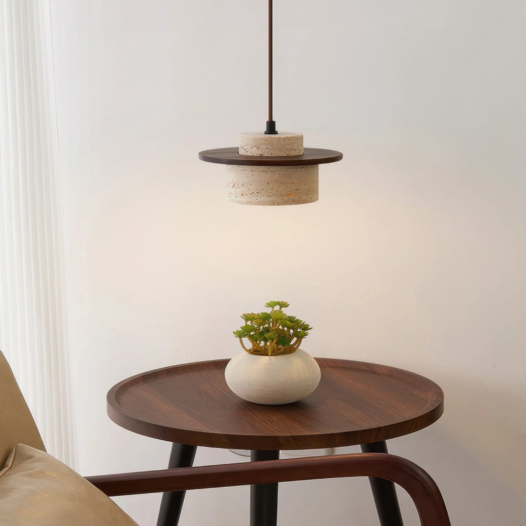 TravertStrata Travertine & Walnut Pendant Light - Japandi Minimalist E27 Ceiling Lamp 0
