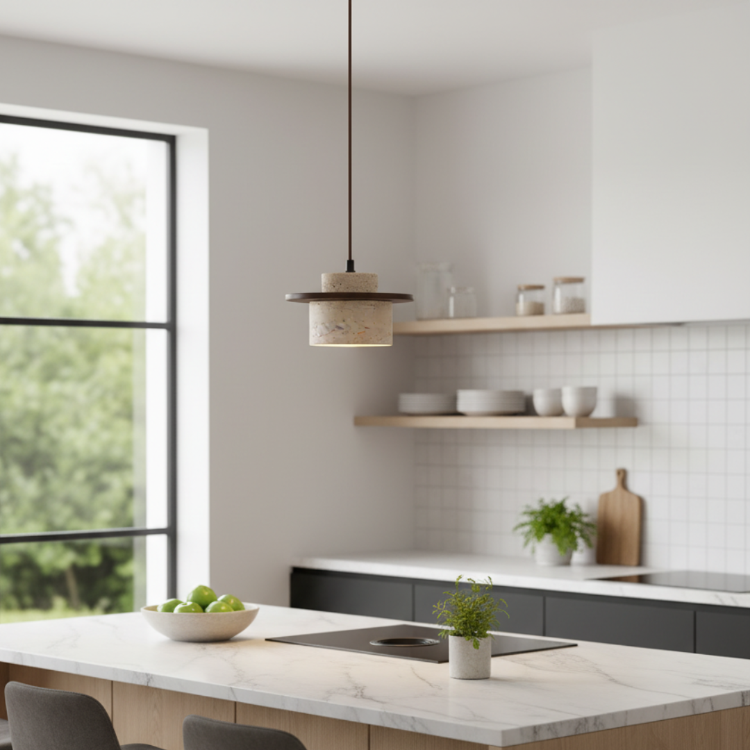 TravertStrata Travertine & Walnut Pendant Light - Japandi Minimalist E27 Ceiling Lamp 1