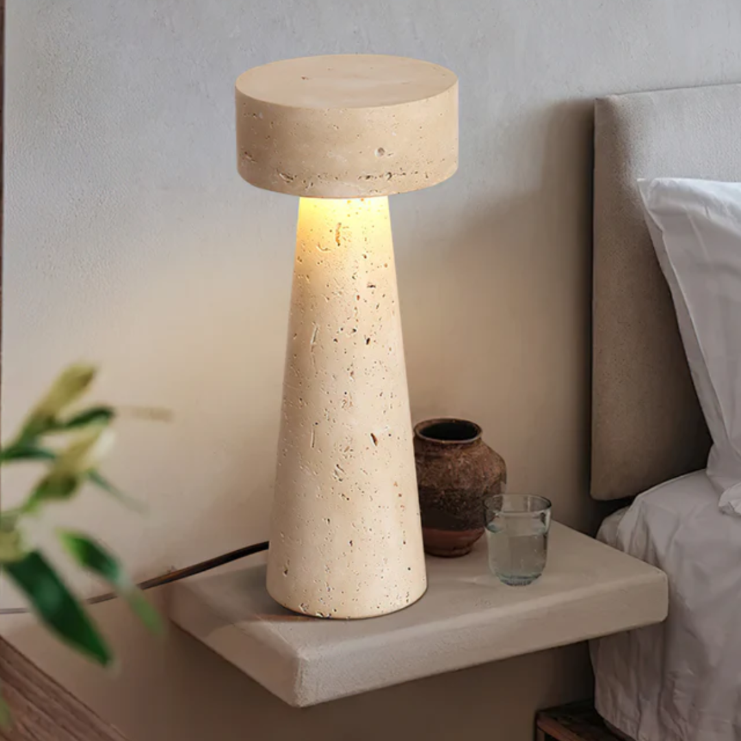 TravertUmbra Travertine Mushroom Lamp - Modern Minimalist Stone Table Light 0