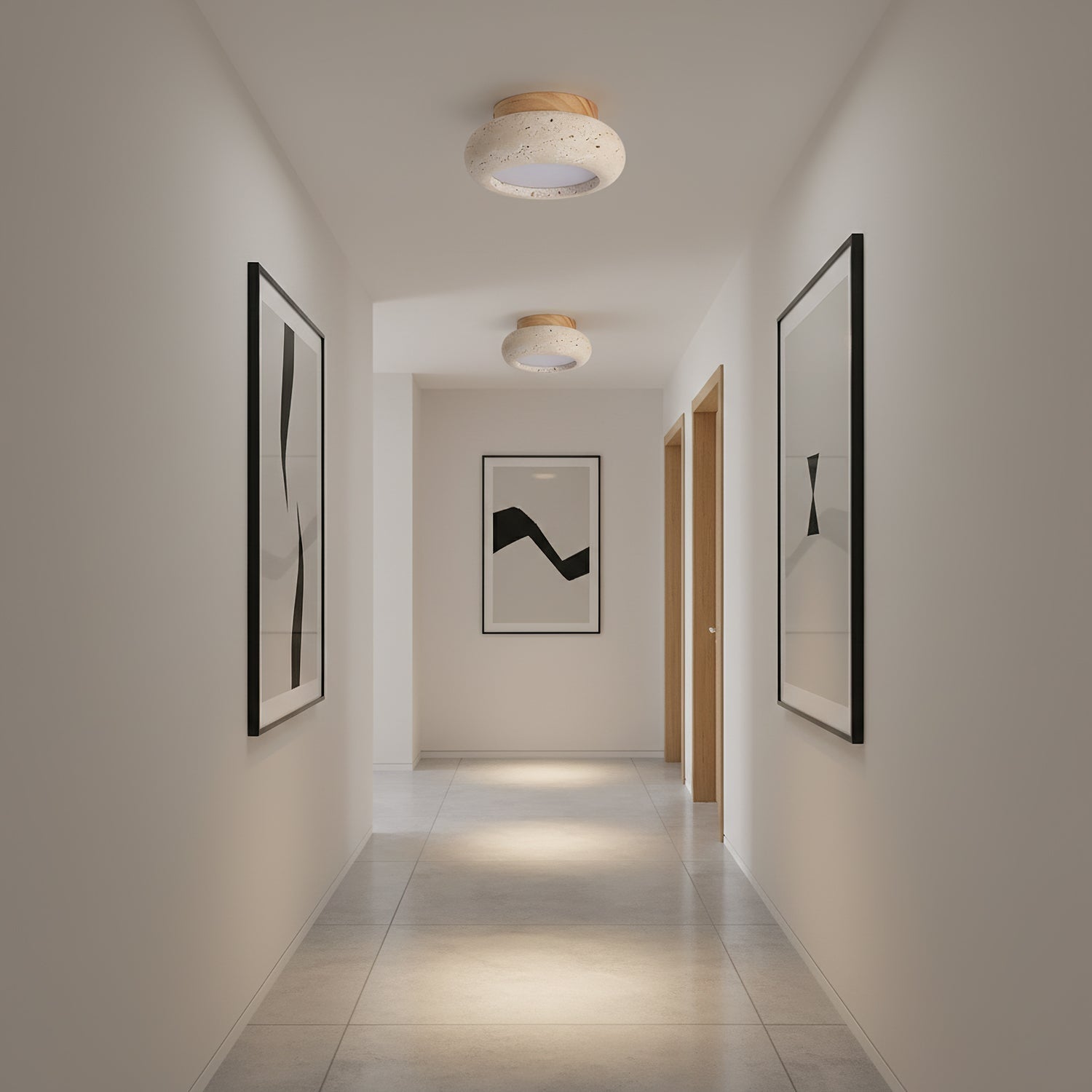 Beige travertine flush mount ceiling light with wood base in hallway