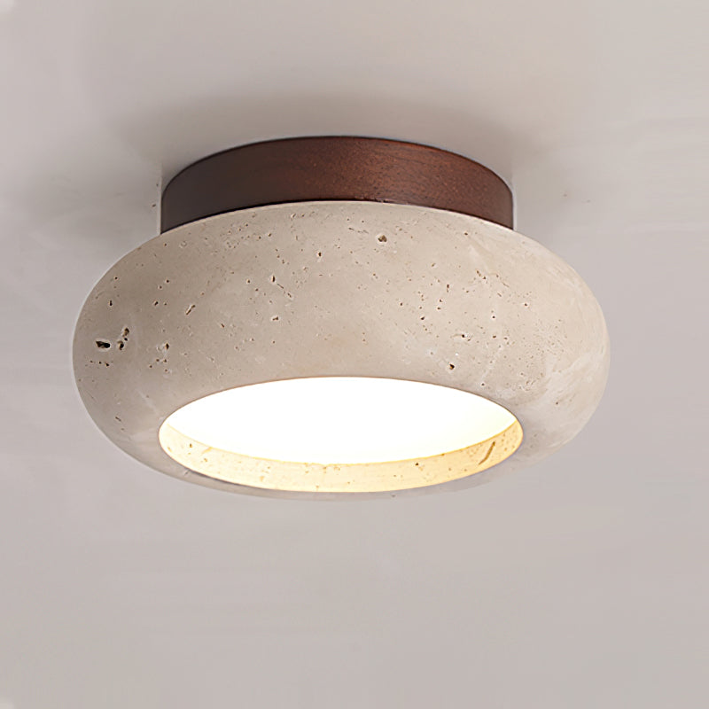Travertine flush mount light with dark walnut wood canopy