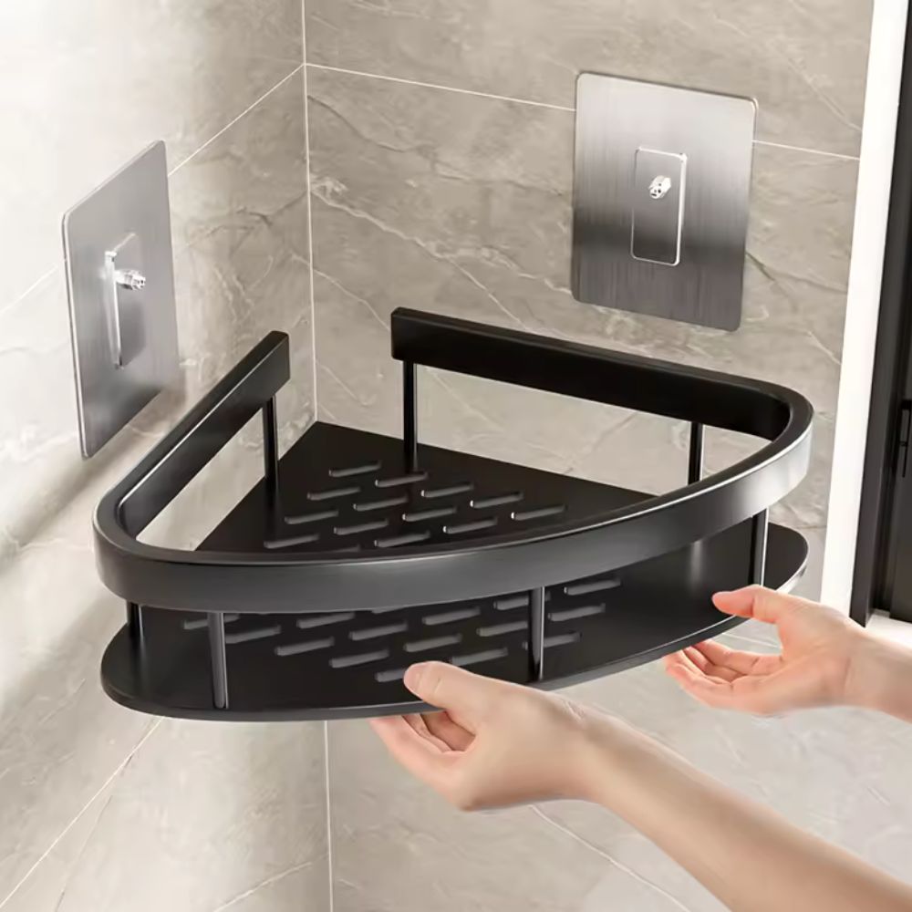 Black no-drill curved shower caddy with adhesive backing showing installation depth